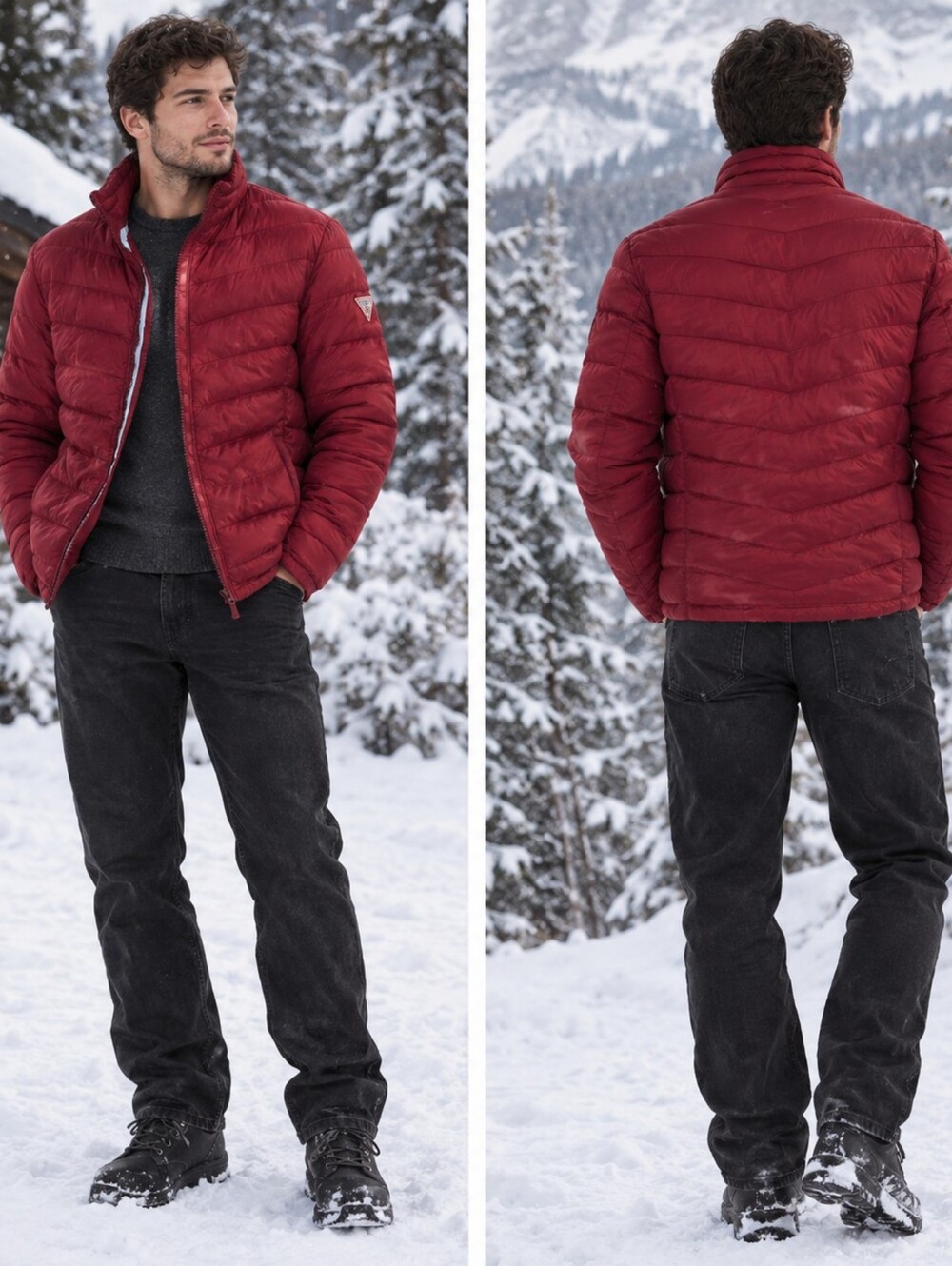 Guess Red Quilted Puffer Jacket - Men's Lightweight Coat